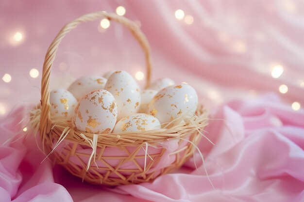 Des œufs de Pâques blancs décorés d'or dans un panier en osier en gros plan sur un fond rose