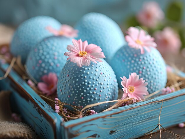 Des œufs de Pâques bleus dans un plateau avec des fleurs.