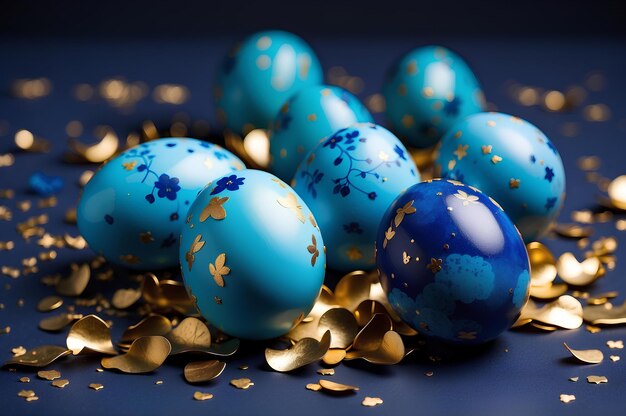 Photo des œufs de pâques bleus avec une décoration dorée sur un fond sombre