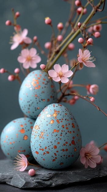 Photo des œufs de pâques bleus et dorés avec des fleurs de cerisier