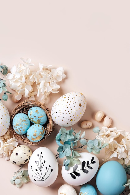 Photo oeufs de pâques avec des bonbons et des fleurs sur beige concept de joyeuses pâques oeufs blancs et bleus et nid mignon avec des bonbons