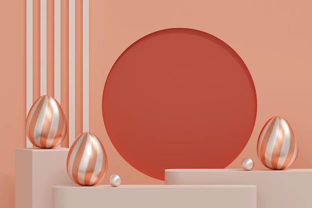 Oeufs de Pâques et boule d'argent sur fond de podium orange