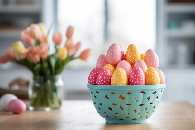 Des œufs de Pâques brillants dans un panier en osier et une figure de lapin sur la table à l'intérieur