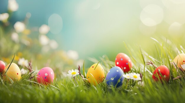 Des œufs de Pâques cachés dans une prairie ensoleillée de printemps