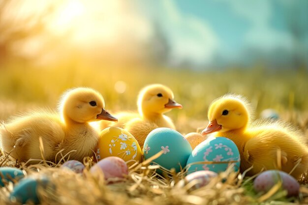 Des œufs de Pâques et des canards jaunes assis dans l'herbe.