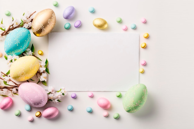 Oeufs de Pâques et une carte vierge avec des fleurs