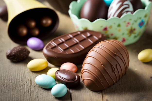 Oeufs de pâques en chocolat sur une table avec un fond sur le thème de Pâques L'œuf en chocolat ou les œufs de Pâques qui sont une tradition millénaire sont devenus liés au christianisme Divers chocolats et saveurs