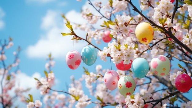 Des œufs de Pâques colorés accrochés à des branches d'arbres en fleurs en plein air dans le jardin