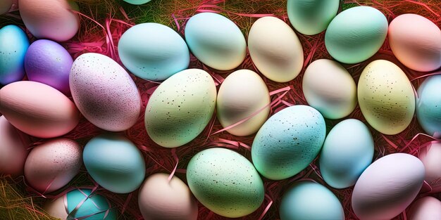 Oeufs de Pâques colorés bannière de Pâques oeufs peints colorés oeufs de Pâques dans un panier concept minimal fond de Pâques