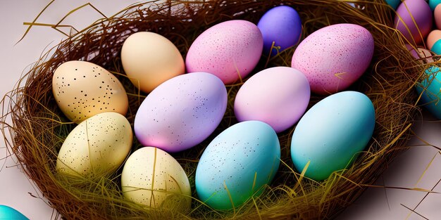 Oeufs de Pâques colorés bannière de Pâques oeufs peints colorés oeufs de Pâques dans un panier concept minimal fond de Pâques