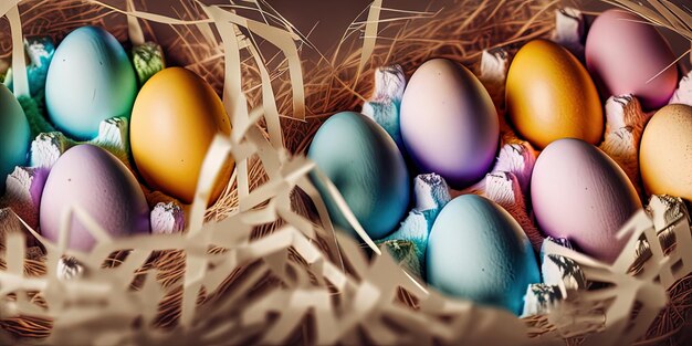 Oeufs de Pâques colorés bannière de Pâques oeufs peints colorés oeufs de Pâques dans un panier concept minimal fond de Pâques