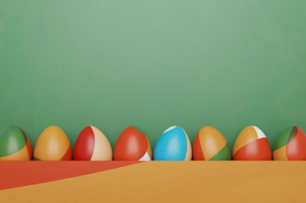 Oeufs de pâques colorés et boule d'or sur fond rouge