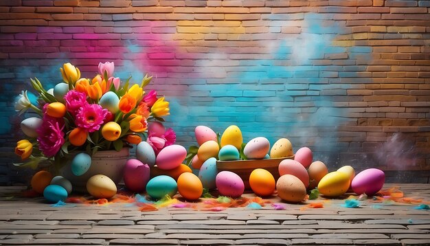 Des œufs de Pâques colorés et un bouquet de tulipes sur le fond d'un mur de briques