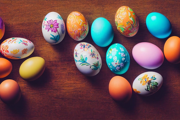 Oeufs de pâques colorés et branche avec des fleurs sur un bureau en bois