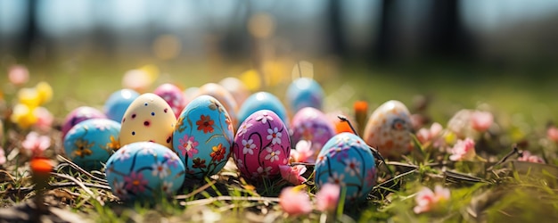 Des œufs de Pâques colorés sur un champ herbeux