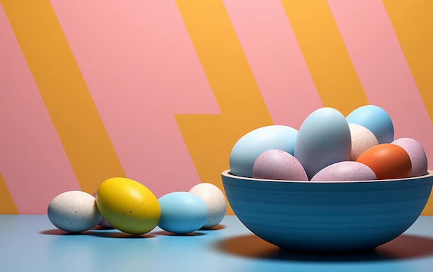 Des œufs de Pâques colorés dans un bol bleu sur un fond rose
