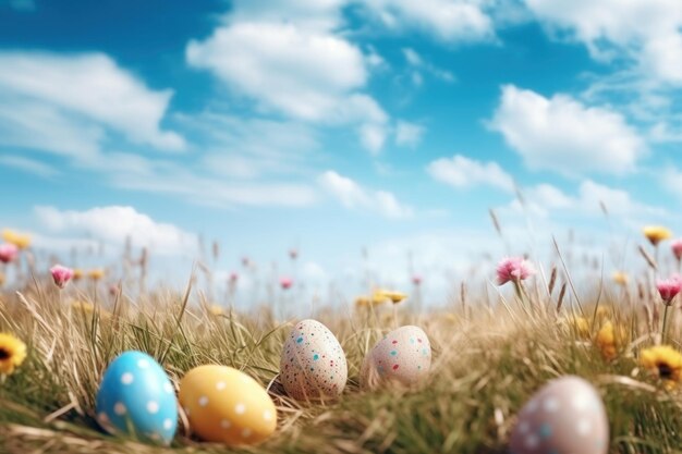 Des œufs de Pâques colorés dans l'herbe Un arrière-plan heureux pour la Pâque AI générative