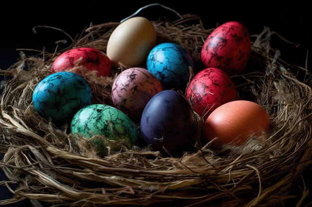 Oeufs de Pâques colorés dans un nid d39oiseau