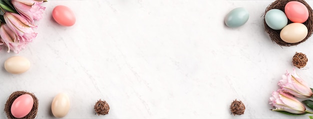 Oeufs de Pâques colorés dans le nid avec fleur de lys rose sur fond de table en marbre blanc brillant.