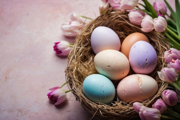 Des œufs de Pâques colorés dans un nid de fleurs