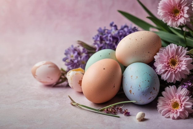 Des œufs de Pâques colorés dans un nid de fleurs