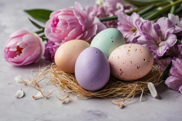 Des œufs de Pâques colorés dans un nid de fleurs