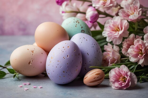 Des œufs de Pâques colorés dans un nid de fleurs