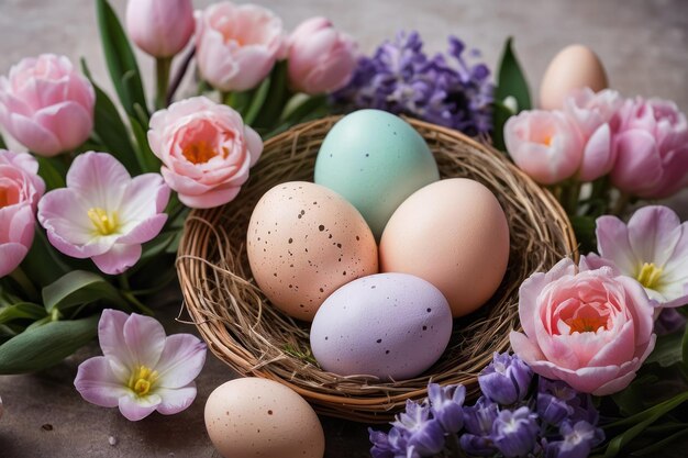 Des œufs de Pâques colorés dans un nid de fleurs