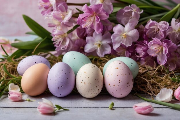 Des œufs de Pâques colorés dans un nid de fleurs