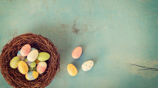 Oeufs de Pâques colorés dans le nid sur fond de couleur pastel bois avec espace.