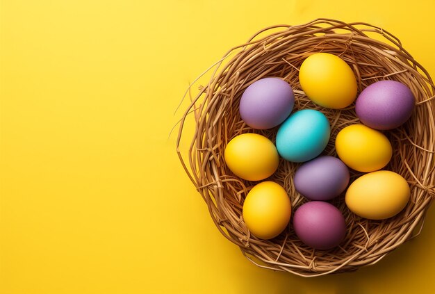 Des œufs de Pâques colorés dans un nid sur un fond jaune