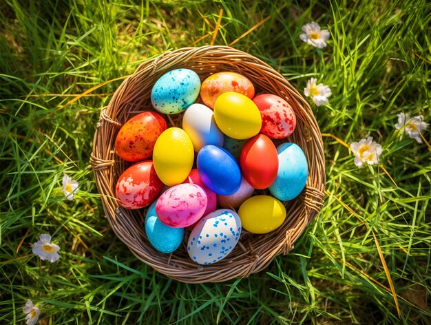 Oeufs de Pâques colorés dans un nid placé dans l'herbe verte