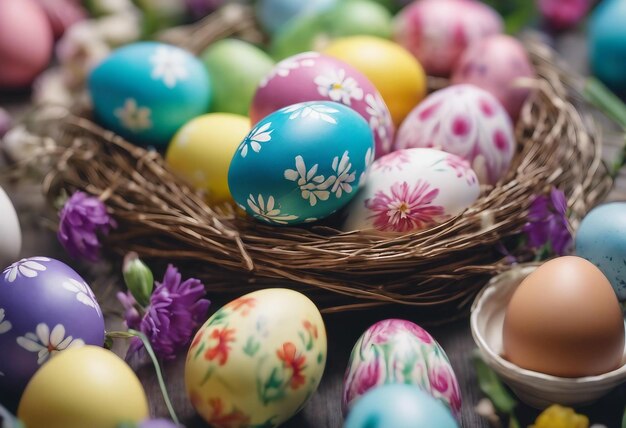 Photo des œufs de pâques colorés dans un panier avec des fleurs jaunes sur un fond blanc