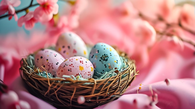 Des œufs de Pâques colorés dans un panier avec des fleurs