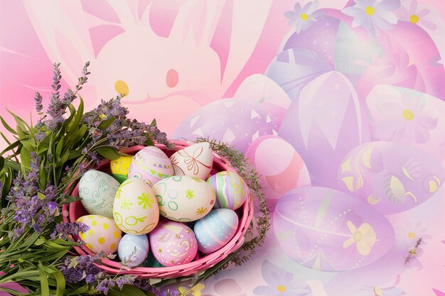 des œufs de Pâques colorés dans un panier sur un fond rose avec des fleurs de lavande