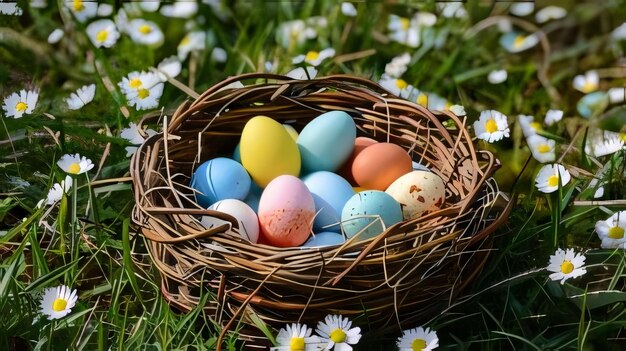 Des œufs de Pâques colorés dans un panier avec des marguerites dans l'herbe