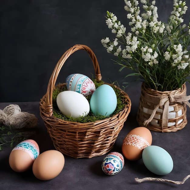 Des œufs de Pâques colorés dans un panier en osier avec des fleurs de printemps