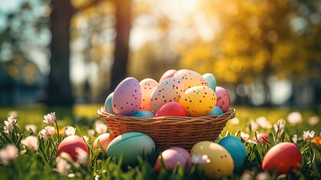 Photo des œufs de pâques colorés dans un panier en osier sur l'herbe verte à l'extérieur