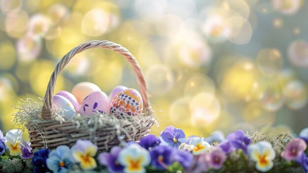 Photo des œufs de pâques colorés dans un panier pastel sur un fond bokeh de pansy qui fleurissent sous la lumière du soleil