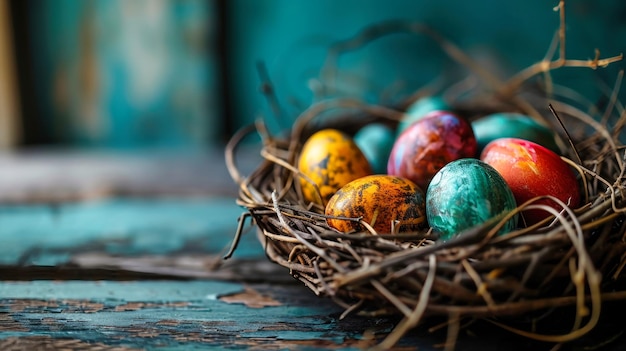 Oeufs de Pâques colorés dans un panier sur une table