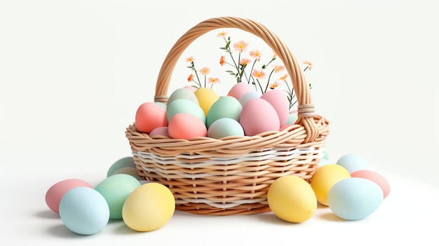 Photo des œufs de pâques colorés dans le panier tissé isolés sur un fond blanc des oeufs de pâques de couleur pastel