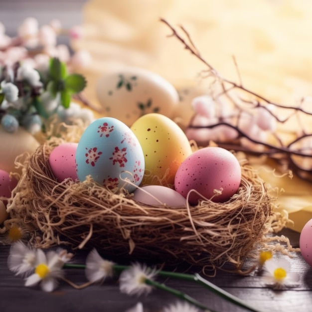 Oeufs de Pâques colorés dans un panier