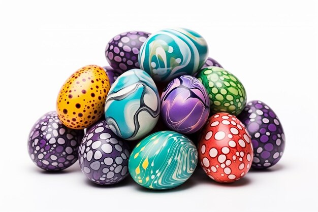 Des œufs de Pâques colorés faits à la main, des créations artisanales vibrantes créées avec des outils d'intelligence artificielle génératifs