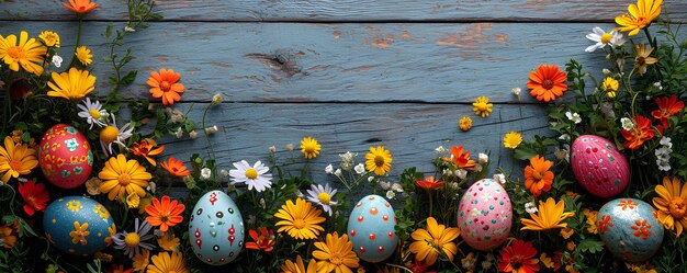 Des œufs de Pâques colorés avec des fleurs sur une bannière rustique en bois