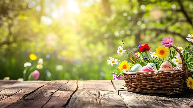 Des œufs de Pâques colorés et des fleurs dans le panier Copier l'espace