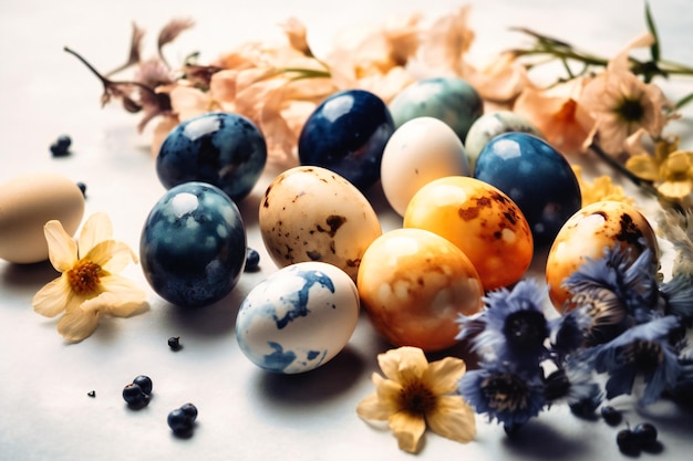 Oeufs de Pâques colorés et fleurs sur fond blanc