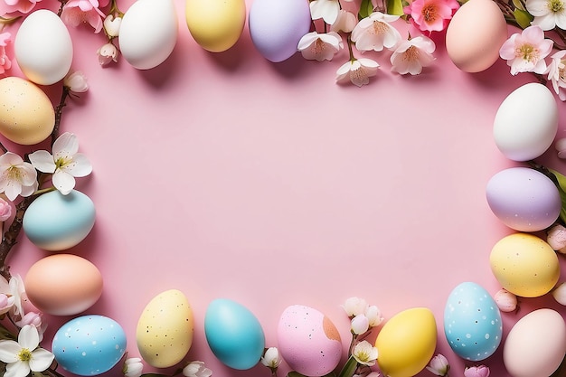 Des œufs de Pâques colorés avec des fleurs de printemps sur un fond rose