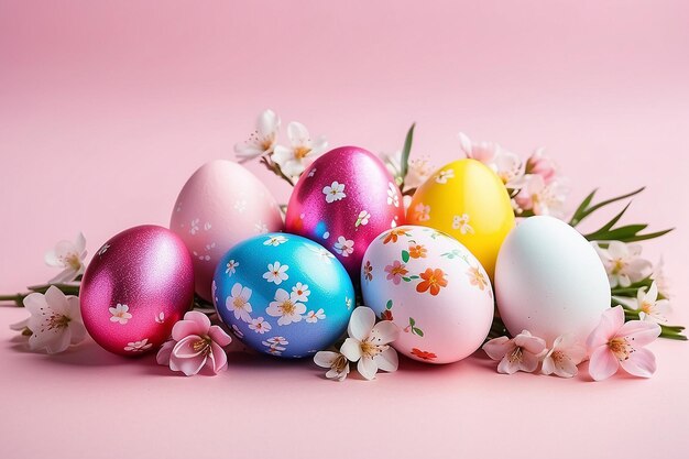 Photo des œufs de pâques colorés avec des fleurs de printemps sur un fond rose