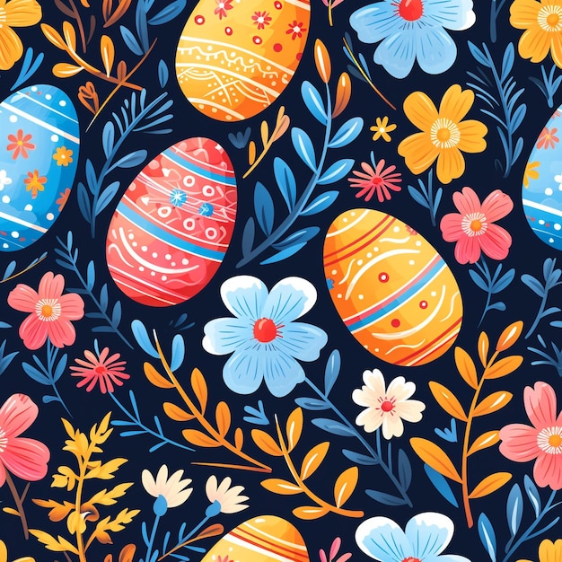 Des œufs de Pâques colorés et des fleurs
