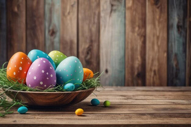 Des œufs de Pâques colorés sur un fond de bois rustique